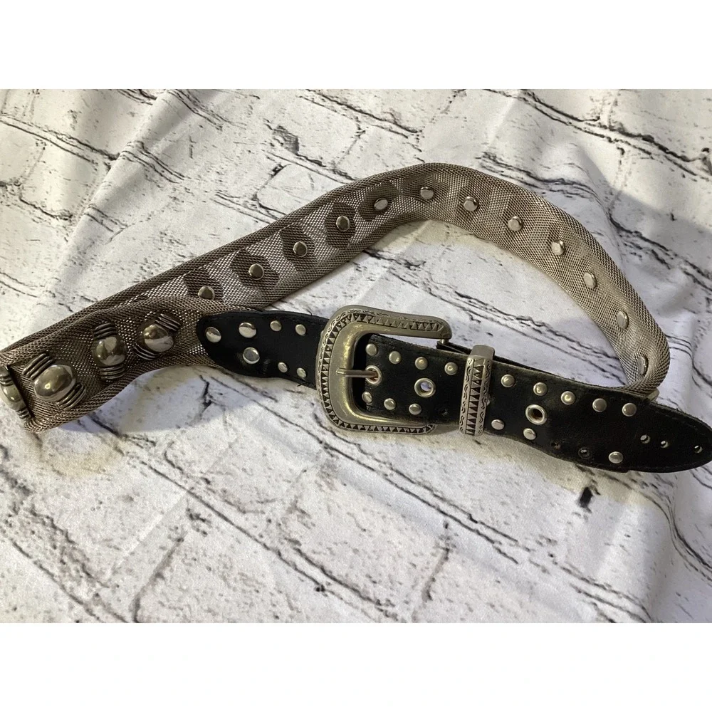 Vintage Western Metal Mesh Studded Leather Belt Silver Black Size 32 1514